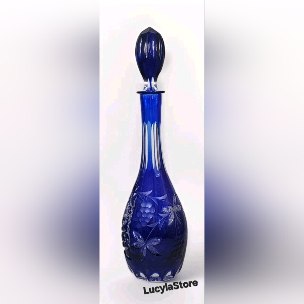 VINTAGE NACHTMANN TRAUBE Cobalt Blue Cut to Clear Crystal Decanter and Stopper